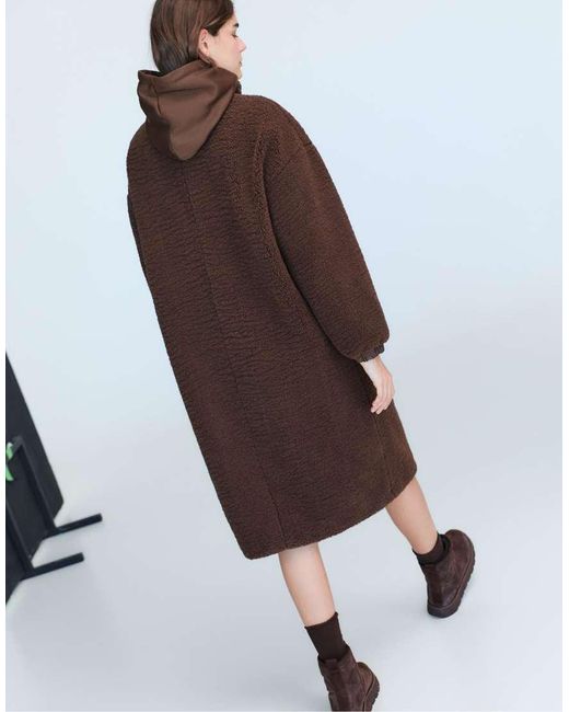 Stradivarius Brown Long Faux Shearling Lined Coat
