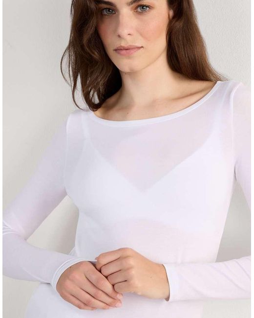 Intimissimi White Long-Sleeved Boat-Neck Micromodal Top