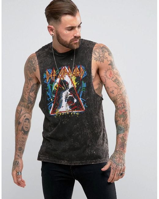ASOS Black Def Leppard Sleeveless Band T-shirt With Acid Wash And Dropped Armhole for men