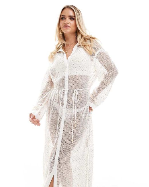 River Island White Sequin Maxi Shirt Beach Dress