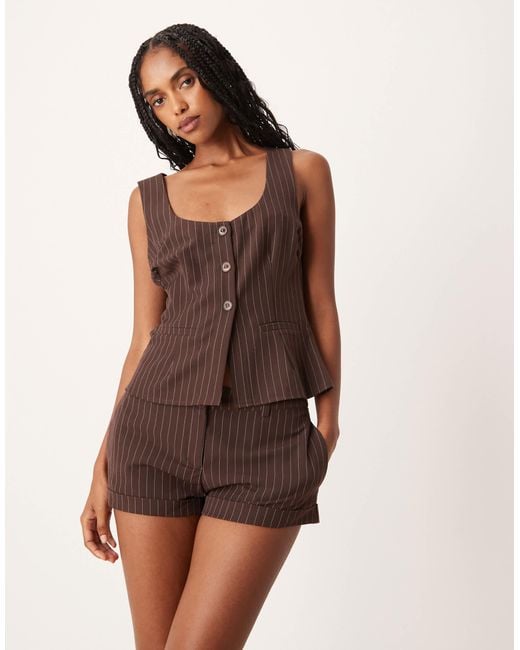 Motel Brown Ganita Scoop Neck Co-ord Button Up Pinstripe Vest