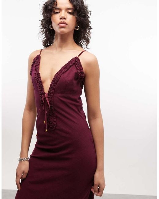 ASOS Red Deep Plunge Cami Maxi Sundress With Ruffle Trims
