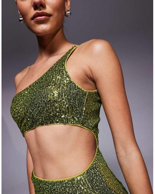 ASOS Green All Over Sequin One Shoulder Faux-ord Midi Dress