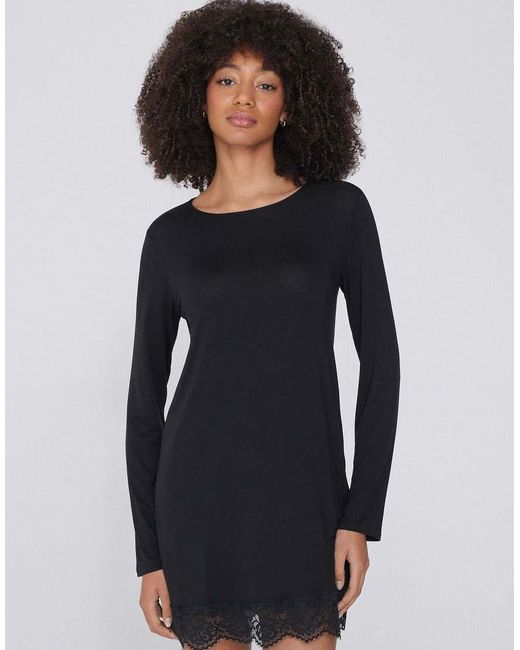 Tezenis Blue Long Sleeve Viscose And Lace Nightgown