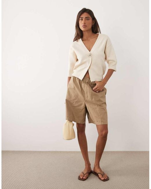 Mango Natural Compact Knitted Short Sleeve Cardigan With Statement Sunshine Button