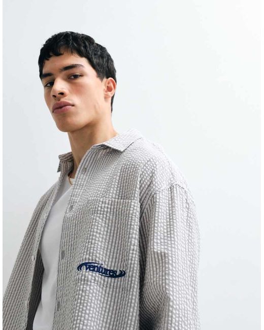 ASOS White Oversized Seersucker Stripe Shirt With Chest Embroidery for men
