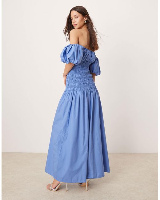 Abercrombie & Fitch Blue – schulterfreies, gesmoktes maxikleid