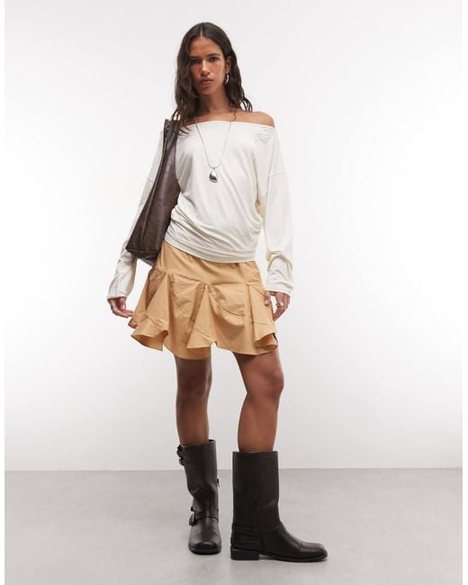 Collusion Natural Long Sleeve Drapey Off-shoulder Top