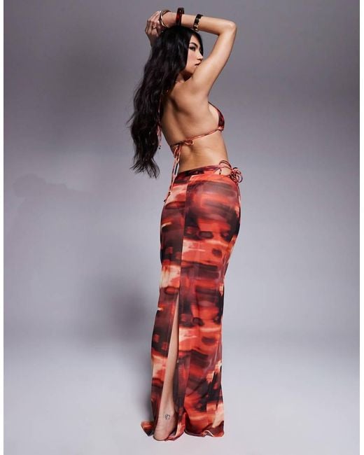 Falda Playera Larga Con Estampado Abstracto De Malla De -Naranja South Beach de color Red