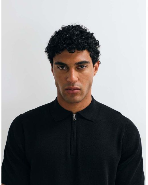 ASOS Black Essential Knitted Cotton Blend Zip Polo for men