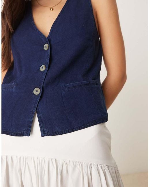 Mango Blue Soft Denim Waistcoat With Front Pockets