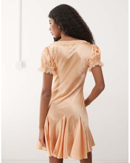 Reclaimed Vintage Natural Mini Tea Dress With Lace Trim And Godets