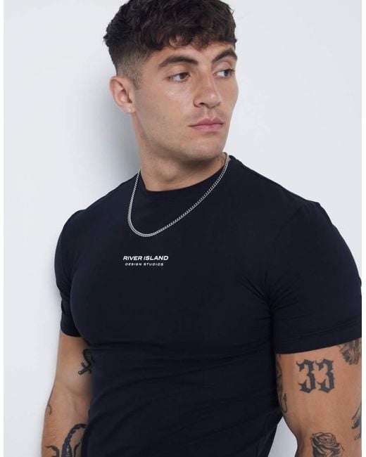 River Island Blue Muscle Fit Carrier T-Shirt for men