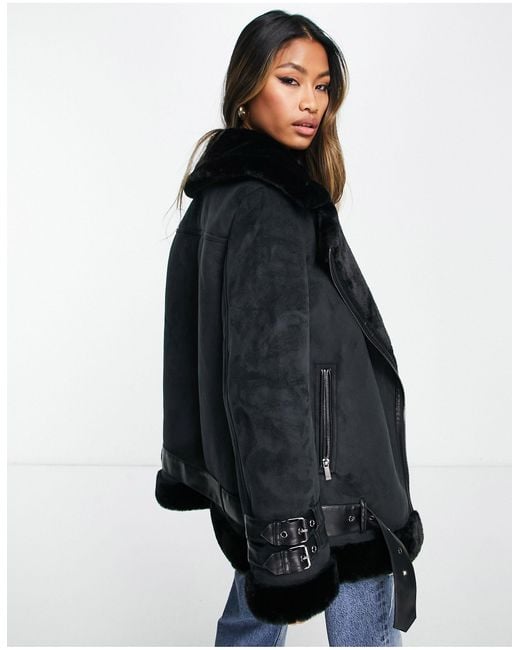 French Connection Faux Shearling Aviator Jacket in Black Lyst Canada