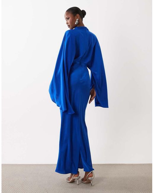ASOS Blue Funnel Neck Satin Maxi Dress With exaggerated Sleeves