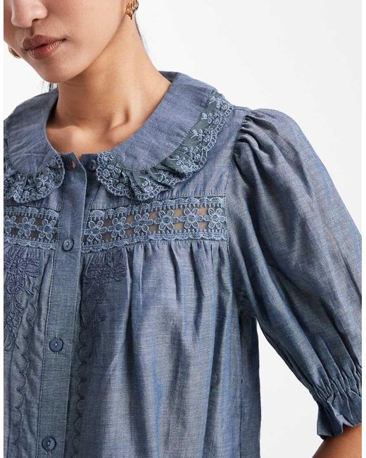 Miss Selfridge Blue Chambray Peter Collar Blouse With Lace Detail