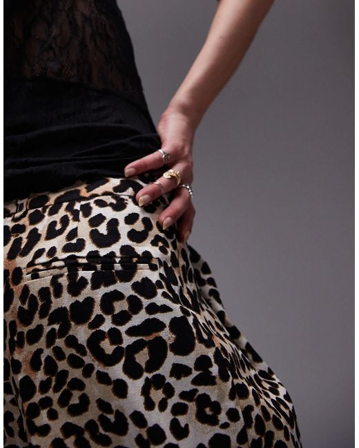 TOPSHOP Leopard Print Linen Pleated Wide Leg Trouser in Black Lyst