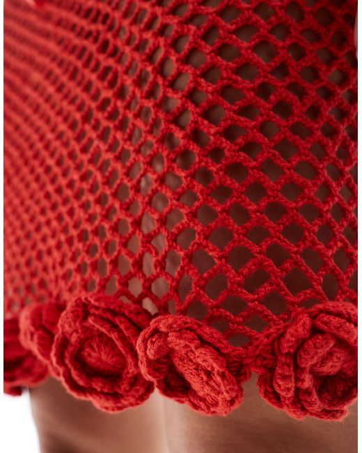 Mango Red Crochet Co-ord Mini Skirt With Rose Hem