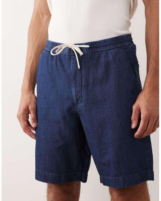 Mango Blue Cotton Mix Denim Look Relaxed Fit Shorts for men