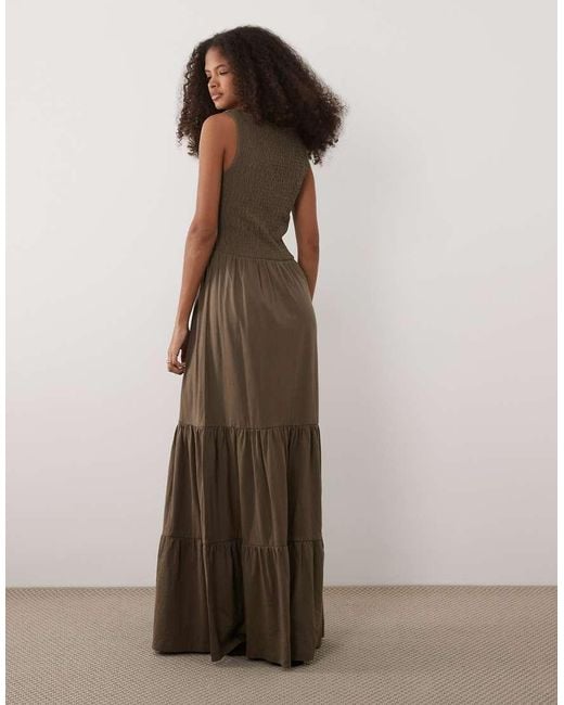 Brave Soul Brown Scoop Neck Shirred Bodice Maxi Dress With Tiered Skirt