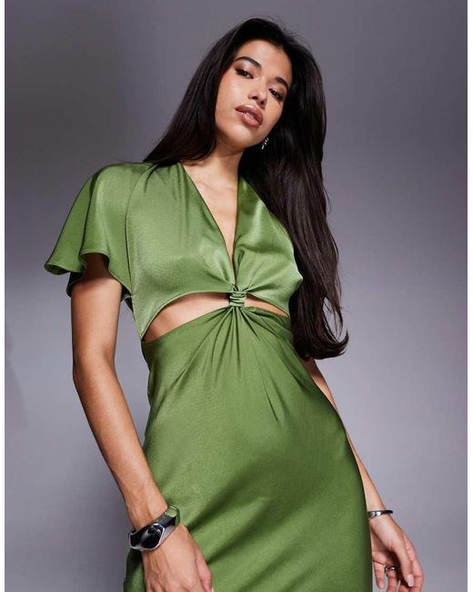 ASOS Green Satin Knot Detail Cutout Midaxi Dress