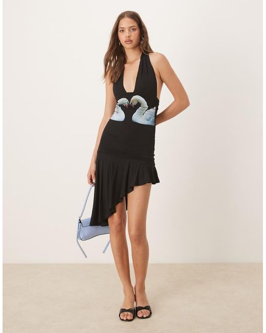 Tyler McGillivary Natural Swan Print Slinky Halter Dress