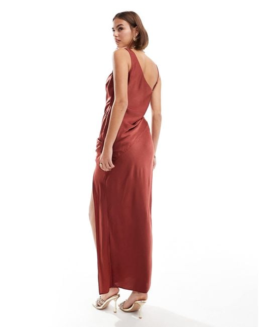 ASOS Red Satin Asymmetric Shoulder Drape Bodice Maxi Dress With Side Split