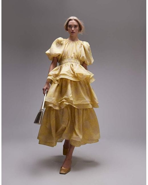 & Other Stories Metallic Midi Dress With Volume Sleeves And Ruffles In Yellow Floral Print