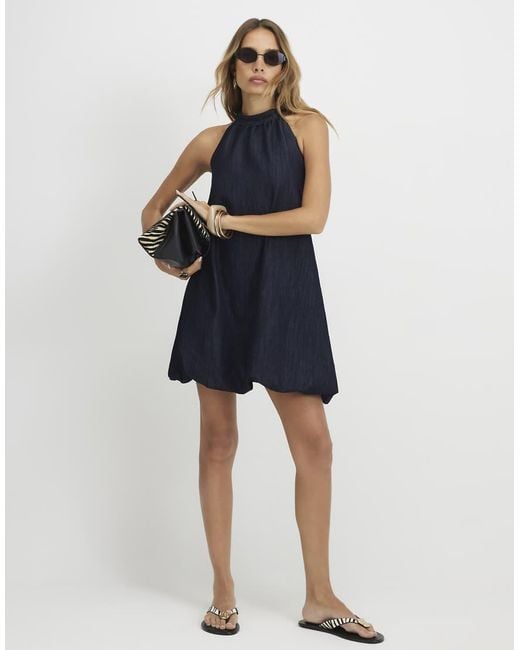 River Island Blue Denim Tie Neck Bubble Hem Mini Dress