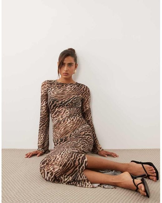Ruched & Ready Brown Mesh Flared Long Sleeve Maxi Dress