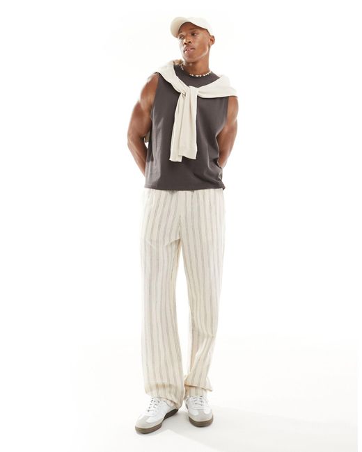 ASOS – locker geschnittene leinenhose mit strukturierten streifen und elastischem bund in White für Herren