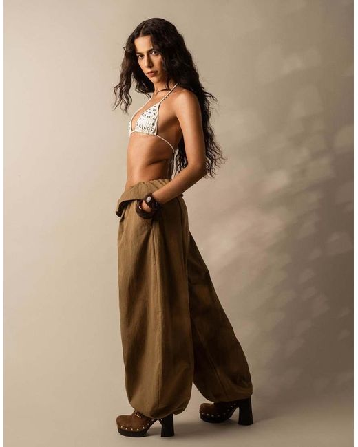 Bershka Natural Sarouel Trousers With Turn-up Waist