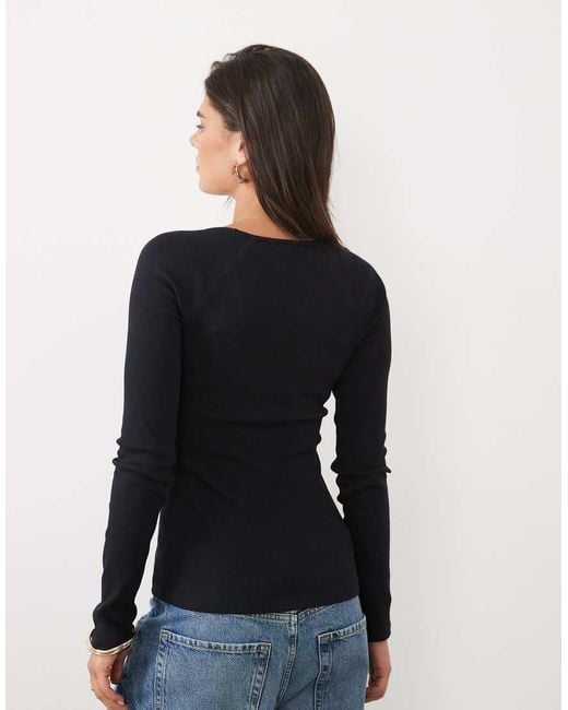 ASOS Black Ribbed Deep Scoop Neck Long Sleeve
