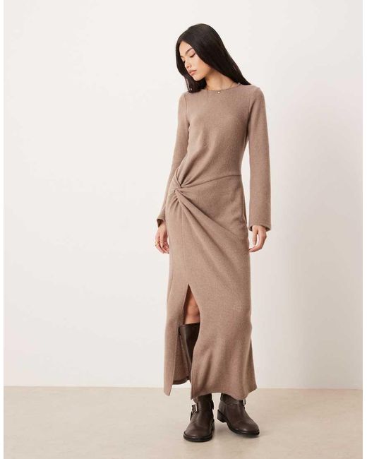 ASOS Natural Cosy Rib Long Sleeve Twist Detail Midi