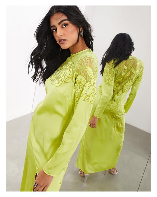 ASOS Yellow Embroidered Lace Panelled Long Sleeve Column Maxi Dress