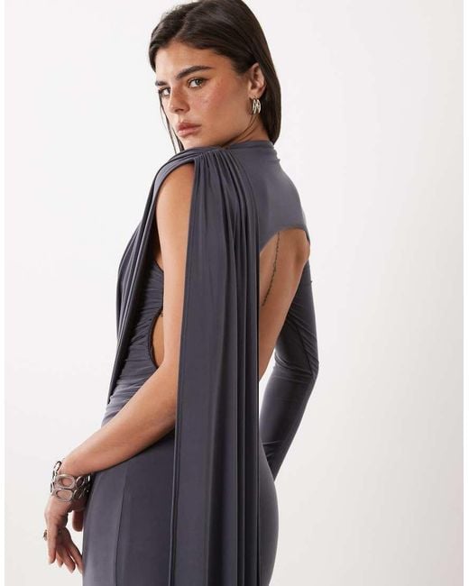 ASOS Gray One Shoulder Slinky Maxi Dress With Sweeping Sash Detail