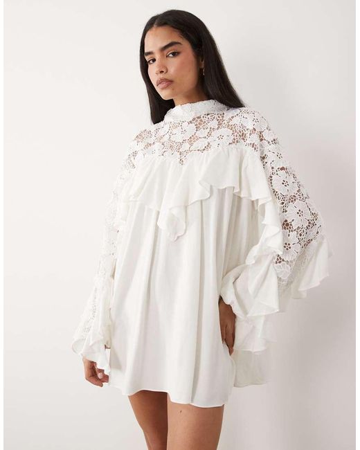 Noughts & Kisses Natural Crochet Lace High Neck Ruffle Trim Mini Dress