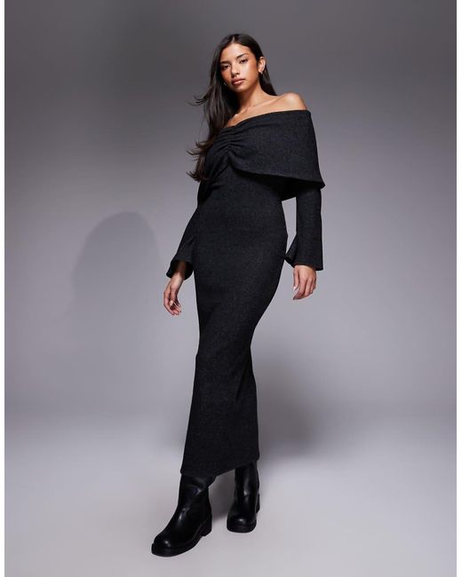 ASOS Black Ribbed Long Sleeve Fold Over Bardot Maxi Dress