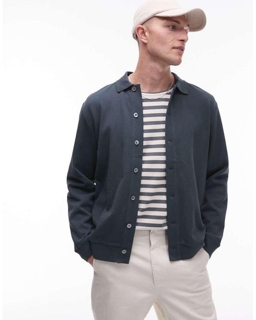 ARKET Blue Textured Jersey Cardigan With Polo Collar for men