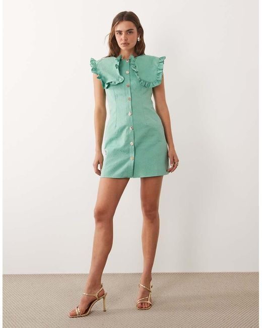 Ghospell Green Jacquard Oversized Ruffle Trim Collar Sleeveless Mini Dress