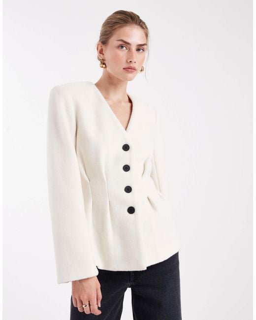 4th & Reckless White Structured Shoulder Pad Detail Cinched Waist Wool Look Blazer