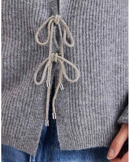 Pieces Gray Cardigan With Embellished Bow Ties