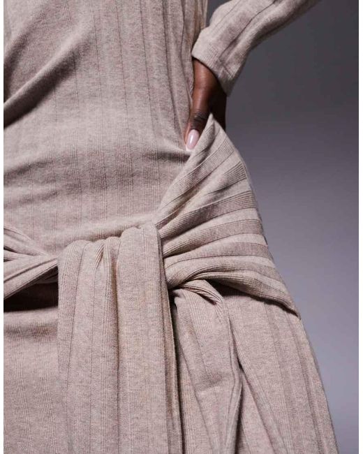 ASOS Natural Ribbed High Neck Tie Front Midi Dress