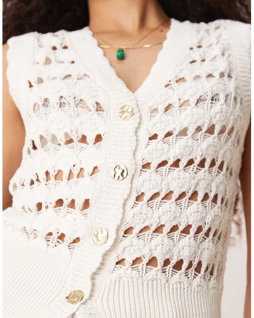 ASOS White Crochet Knitted Waistcoat With Scallop Trim And Gold Buttons