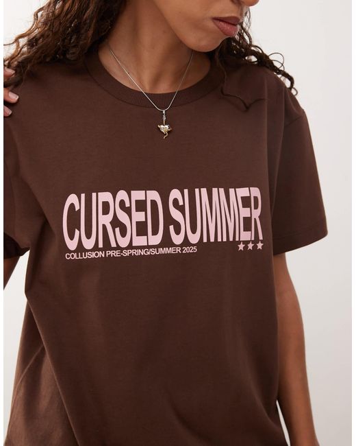 Collusion Brown Short Sleeve Oversized T-shirt With Print