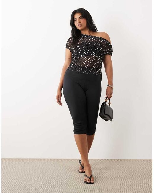 ASOS Black Asos Design Curve Sheer Mesh Ruched Off Shoulder Asymmetric Top