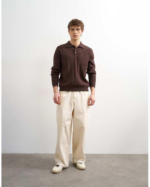 Topman Brown Classic Fit Long Sleeve Pointelle Knitted Polo for men