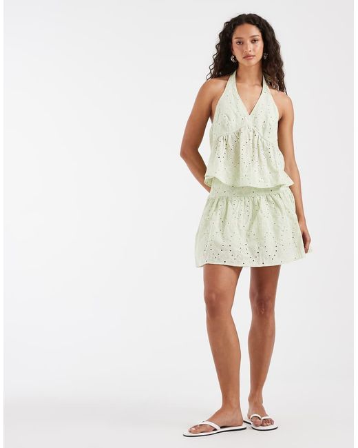 Vero Moda White Cotton Broderie Halter Neck Top Co-ord
