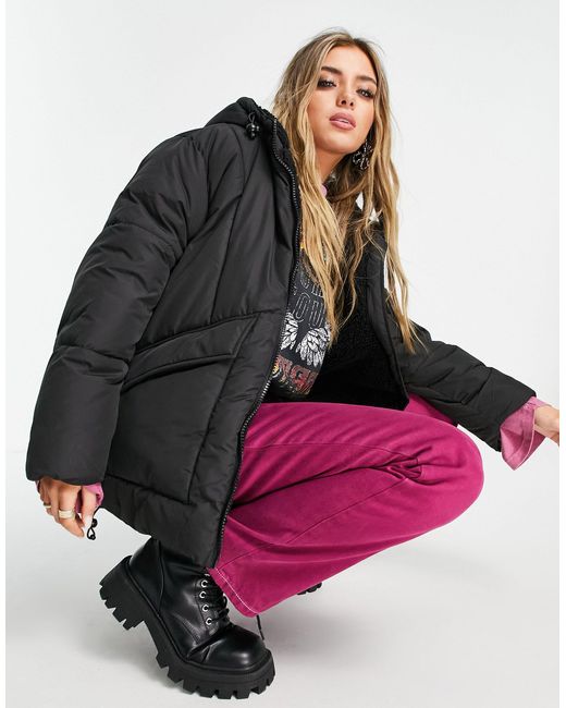 TOPSHOP Mid-length Puffer Jacket With Borg-lined Hood in Black - Lyst