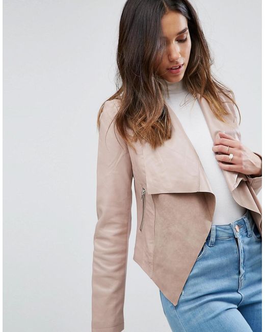 ASOS Leather Waterfall Jacket in Pink | Lyst